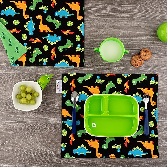 Funkins Reusable Cloth Placemats for Kids & Lunch Boxes | Reusable, Eco-Friendly | 15"x13", 2-ply, Thick, Absorbent, Machine Washable | Set of 2 Placemats (Black Dinosaurs)