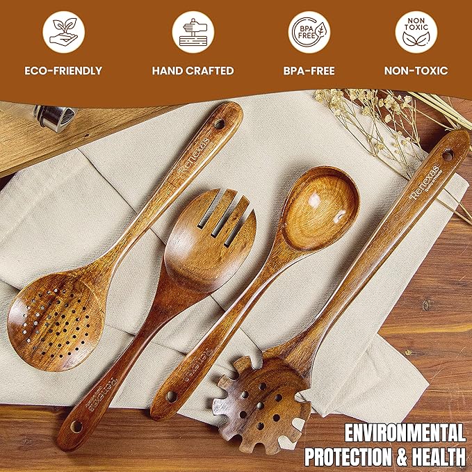 Natural Wooden Spoons for Cooking - 12 Pcs Non Teak Wooden Utensil Set Safe Kitchen Utensil Set with Nonstick Wood Spatula, Bamboo Wooden Cooking Utensils Set With Holder & 6 Hooks