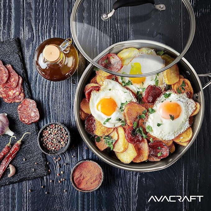 AVACRAFT 18/10 12 Inch Stainless Steel Frying Pan with Lid, Side Spouts, Induction Pan, Versatile Stainless Steel Skillet, Fry Pan in our Pots and Pans (Tri-Ply Stainless Steel, 12 Inch)