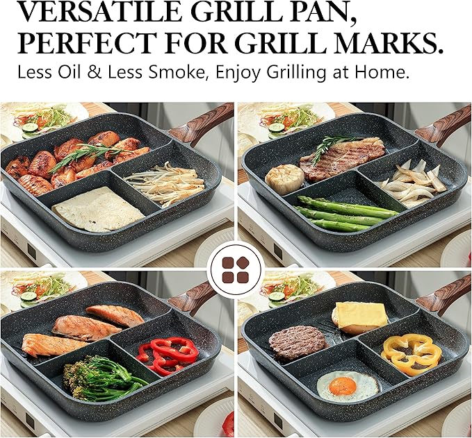 Sensarte Nonstick 11-Inch Square Grill Pan, 3-Section Versatile Breakfast Skillet, Die-cast Aluminum, PFOA, PFOS, APEO Free, Induction, Gas, Electric, Glass, Ceramic