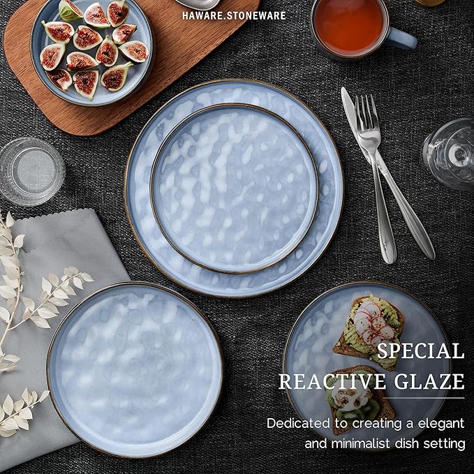 HaWare Dinnerware Sets, 6-Piece Plates and Bowls Set, Stoneware Dish Set for 2, Ceramic Dinnerware for Home Restaurant, Chip and Scratch Resistant, Microwave and Dishwasher Safe, Reactive Blue
