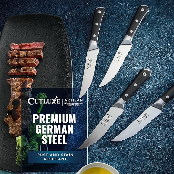 Cutluxe Steak Knives Set of 4, Serrated Steak Knives ??Forged High Carbon German Steel, Full Tang, Ergonomic Handle Design ??Artisan Series