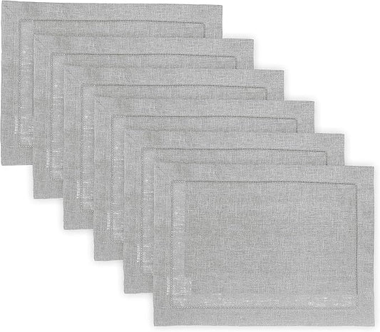 Solino Home Linen Cloth Placemats Set of 6-100% Pure Linen Hemstitch Soft Grey Placemats 14 x 19 Inch - Classic Hemstitch Table Place Mats for Winter, Spring, Easter