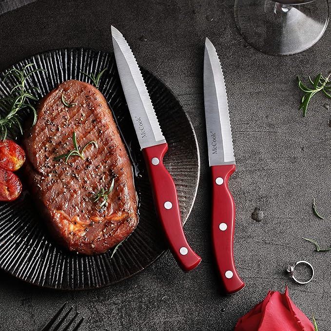 McCook짰 Stainless Steel Kitchen Knife Sets with Wooden Block, Kitchen Scissors and Built-in Sharpener, Red