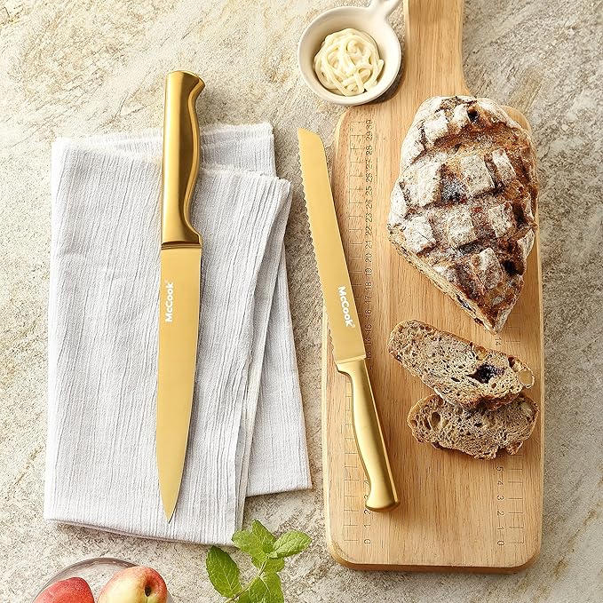 McCook짰 Knife Sets, Golden Titanium Stainless Steel Kitchen Knife Block Sets with Built-in Sharpener