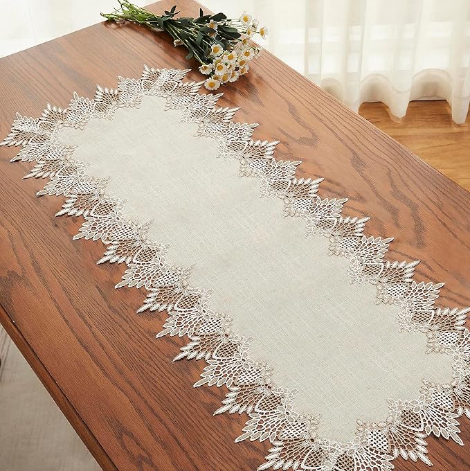 Raedan Natural Linen Table Runner 36 inches Neutral Earth Tones Beige Lace Coffee Table Runners Dresser Scarf for Spring Easter Summer Kitchen Wedding Party, Machine Washable
