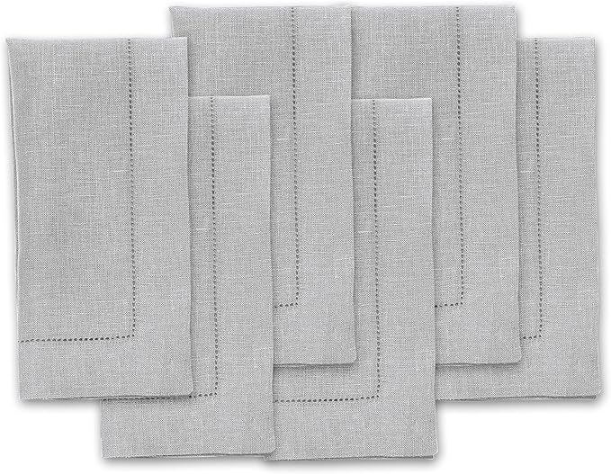 Solino Home Linen Napkins Set of 6 - Classic Hemstitch 100% Pure Linen Soft Grey Dinner Napkins Cloth 20 x 20 Inch for Winter, Spring, Easter - Handcrafted and Machine Washable