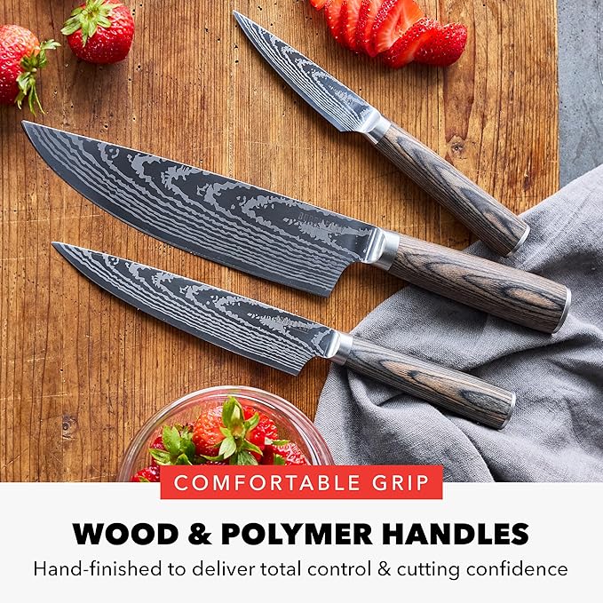 GreenPan x Bobby Flay 3 Piece Knife Set, Pairing Utility & Chef?셲 Knife, Premium Stainless Steel Blades, Precision Cutting Kitchen Tools, Hand Finished Ergonomic Wood Handle, Damascus Steel Design