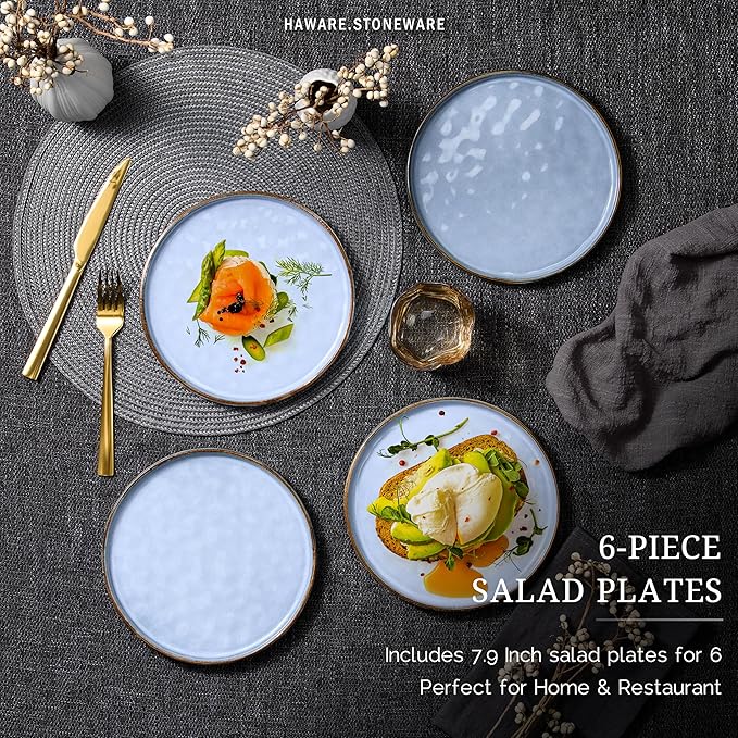 HaWare Stoneware Plates Set of 6, 7.9" Salad Plates, Reactive Glaze Ripple Ceramic Dish Set for Appetizer, Dessert, Scratch Resistant, Small Dinner Plate, Microwave and Dishwasher Safe, Reactive Blue