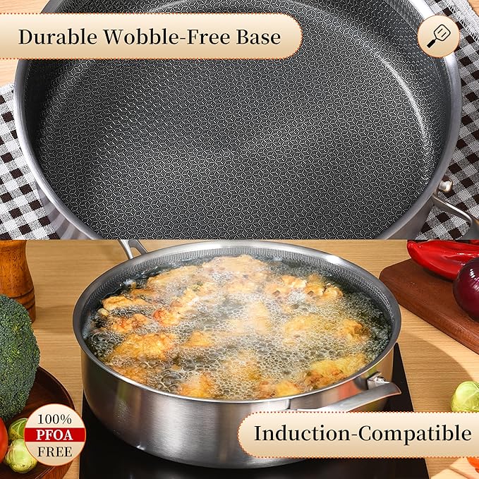 LOLYKITCH 5 QT Hybrid Ceramic Coating Non Stick Tri-Ply Stainless Steel Saut챕 Pan with Lid, 12 Inch Deep Frying Pan PFOA & PFOS Free,Induction Cooking Pan, Dishwasher and Oven Safe