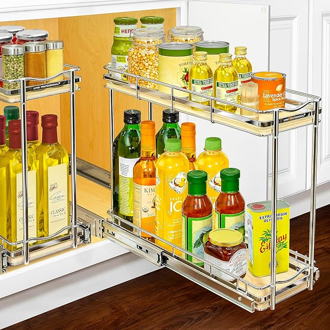 LYNK PROFESSIONAL짰 횋lite??Pull Out Spice Rack Organizer for Inside Kitchen Cabinets - 6"x21" - Slide Out Drawer ??Wood/Chrome Sliding Spice Cabinet Organization Shelf Racks - 2 Tier