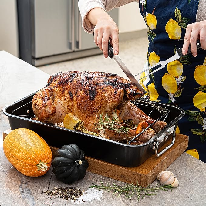 Moss & Stone Carbon Steel Roaster Pan With ?쏺??Shape Removable Roasting Rack Set, 16.5 Inch Rectangular Nonstick Roasting Pan, Turkey Roaster Pan Rack With Carving Fork & Chef Knife