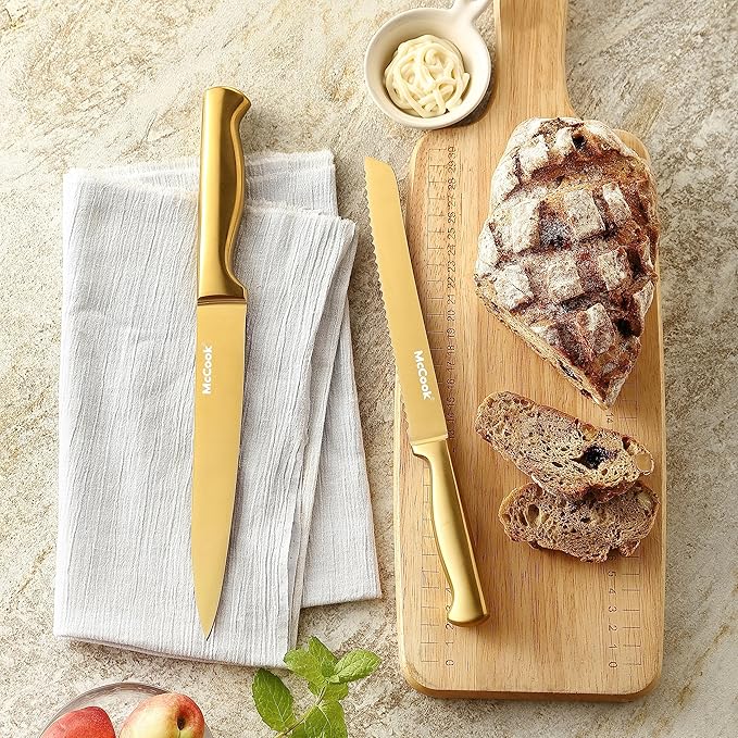 McCook짰 Knife Sets, Golden Titanium Stainless Steel Kitchen Knife Block Sets with Built-in Sharpener