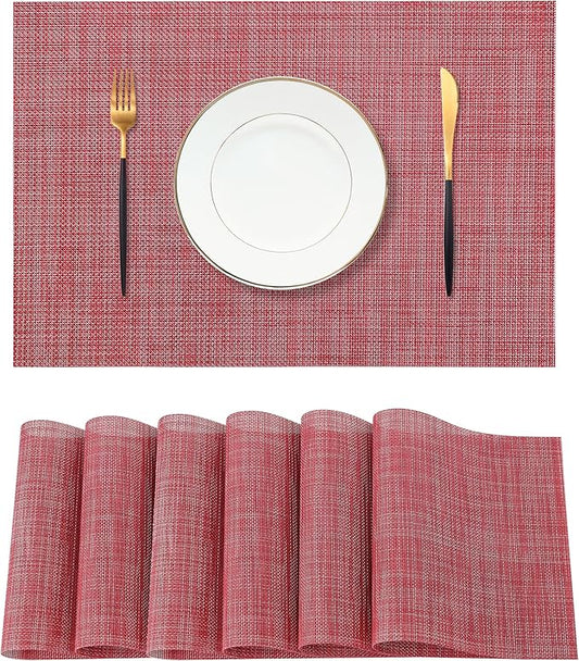 Leetaltree Red Placemats Set of 6 - Heat Resistant Non-Slip Place mats for Dining Table, Washable Durable PVC Vinyl Woven Table Mats