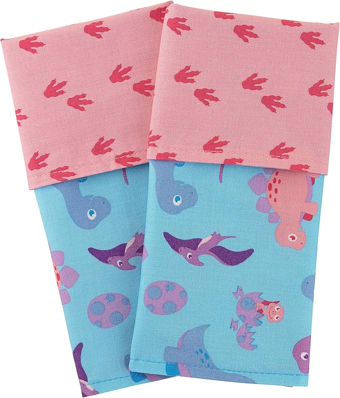 Funkins Reusable Cloth Placemats for Kids & Lunch Boxes | Reusable, Eco-Friendly | 15"x13", 2-ply, Thick, Absorbent, Machine Washable | Set of 2 Placemats (Pink Dinosours)