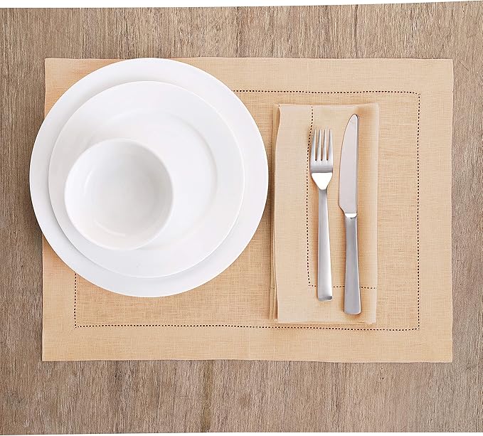 Solino Home Linen Placemats Set of 4 - Classic Hemstitch Beige Placemats 14 x 19 Inch - 100% Pure Linen Table Mats for Spring, Easter