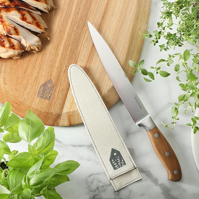 Bloomhouse 8-Inch Slicing Knife ??German Stainless Steel Carving Blade with Forged Italian Olive Wood Handle, Full Tang Knife for Meat, Roasts & BBQ
