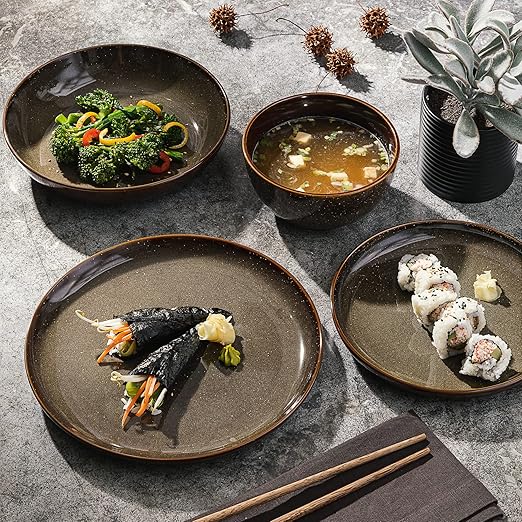 Gibson Elite Edwina 16-Piece Double Bowl Dinnerware Set, Service for 4 ??Dark Green Stoneware Plates and Bowls
