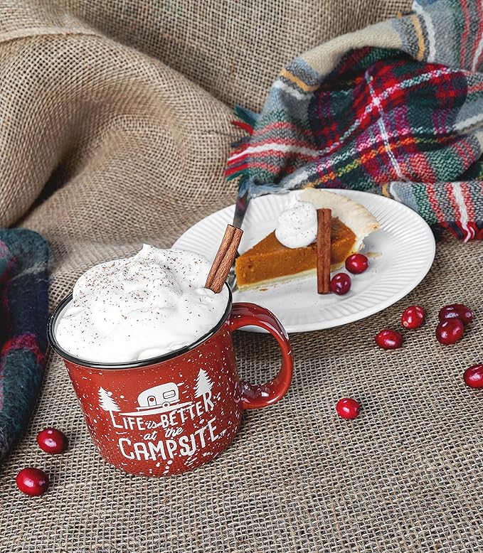 Camco Life is Better at the Campsite Ceramic Mug | Microwave and Dishwasher Safe | Speckled Red Background with White Life is Better at the Campsite Design | 14oz. (53235) (Pack of 2)