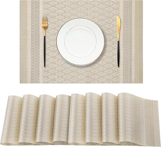 Leetaltree Stardust Yellow Placemats Set of 8 - Heat Resistant Non-Slip Place mats for Dining Table, Washable Durable PVC Vinyl Woven Table Mats（Stardust Yellow, 8）