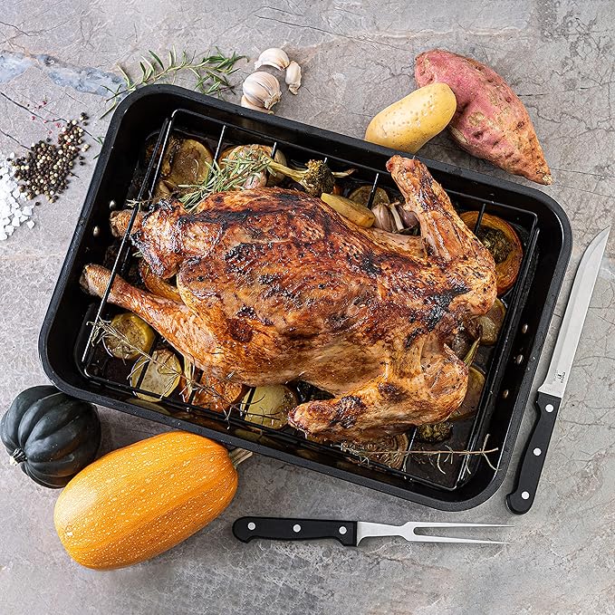 Moss & Stone Carbon Steel Roaster Pan With ?쏺??Shape Removable Roasting Rack Set, 16.5 Inch Rectangular Nonstick Roasting Pan, Turkey Roaster Pan Rack With Carving Fork & Chef Knife