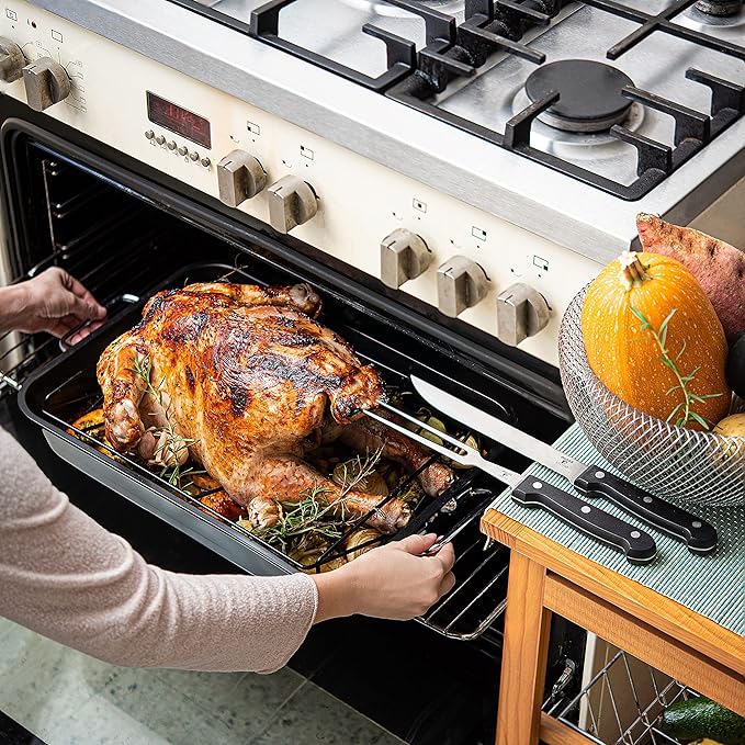 Moss & Stone Carbon Steel Roaster Pan With ?쏺??Shape Removable Roasting Rack Set, 16.5 Inch Rectangular Nonstick Roasting Pan, Turkey Roaster Pan Rack With Carving Fork & Chef Knife