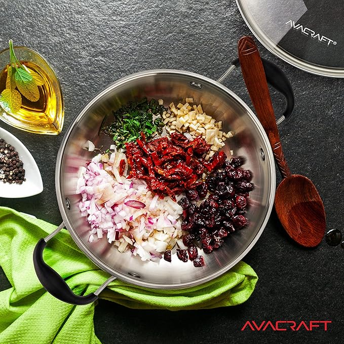 AVACRAFT 18/10 Stainless Steel Everyday Pan, Stir Fry Pan with Five-Ply Base, Chef?셲 Pan with Glass Lid, Multipurpose Stewpot Skillet, Saute Pan, Casserole in Pots and Pans (8 inch)