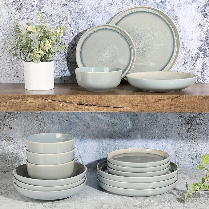 Gibson Elite Juno Moon 16-Piece Reactive Blue Double Bowl Dinnerware Set ??Durable Stoneware Plates and Bowls