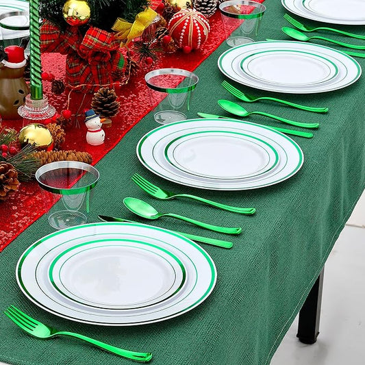 300PCS Green Dinnerware Set, 50 Guests White and Green Plastic Plates, Fancy Plastic Plate-50 Dinner Platos, 50 Dessert Platos, 50 Silverware Set, 50 Cups for Party Wedding