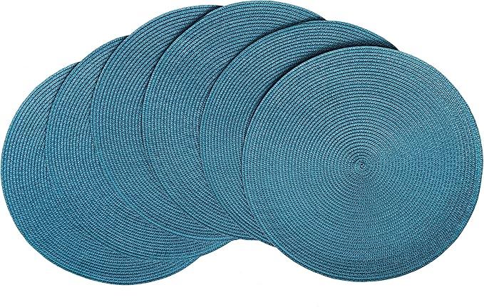 HODJOY Placemats Set of 6, Round Table mats for Indoor and Outdoor Dining Tables, Washable Woven Non-Slip Fall Placemats 15inch (Lake Blue)