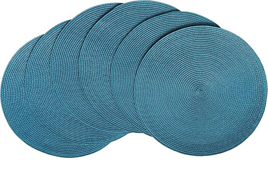 HODJOY Placemats Set of 6, Round Table mats for Indoor and Outdoor Dining Tables, Washable Woven Non-Slip Fall Placemats 15inch (Lake Blue)