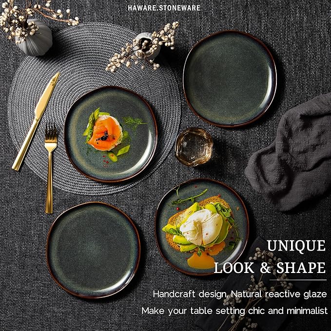 HaWare Stoneware Salad Plates Set of 6, 7.9??Heavy Duty Ceramic Plates, Reactive Glaze Dinnerware for Home Restaurant, Chip and Scratch Resistant, Microwave and Dishwasher Safe, Reactive Moss Green