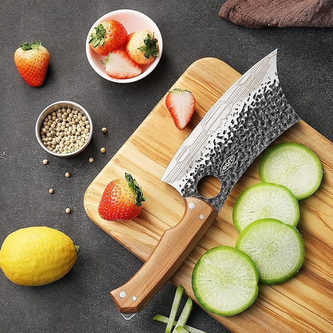 JJOO 3PCS Butcher Knife, Stainless Steel Butcher Knife Set with Wooden Handle, 7" Butcher Meat Cleaver, 7" Serbian Chef Knife and 6.5" Viking Knife, Indoor & Outdoor Use (Stylish Pattern)