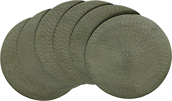 HODJOY Placemat, Round Placemat for Dining Table, Washable Woven Placemats for Christmas, 15 inch, Set of 6, Olive