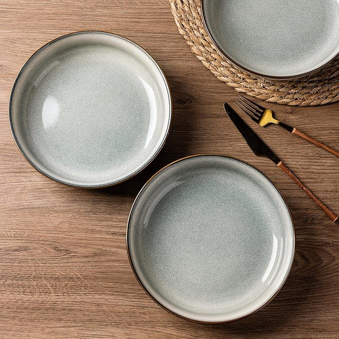 GBHOME 8.75'' Large Ceramic Pasta Bowls, 38oz Stoneware Pasta Serving Bowls Set of 4 for Kitchen, Wide Bowls for Fruit,Pasta,Salad,Oatmeal,Meal, Microwave Safe, Reactive Glaze-Green Wheat