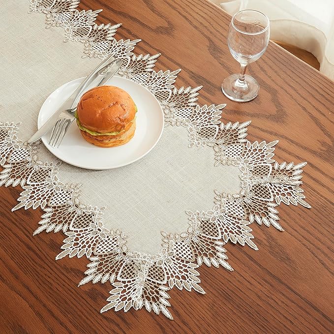 Raedan Natural Linen Table Runner 54 inches Neutral Earth Tones Beige Lace Handcrafted Coffee Table Runners Dresser Scarf for Spring Easter Summer Kitchen Wedding Party (Natural, 16?쓝54??