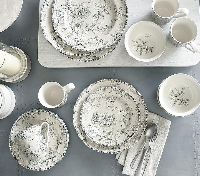222 Fifth Adelaide 16-Piece Traditional Antique White Porcelain Dinnerware Set ??Service for 4, Romantic Bird & Floral Design, for Everyday Dining & Entertainment, Microwave & Dishwasher Safe