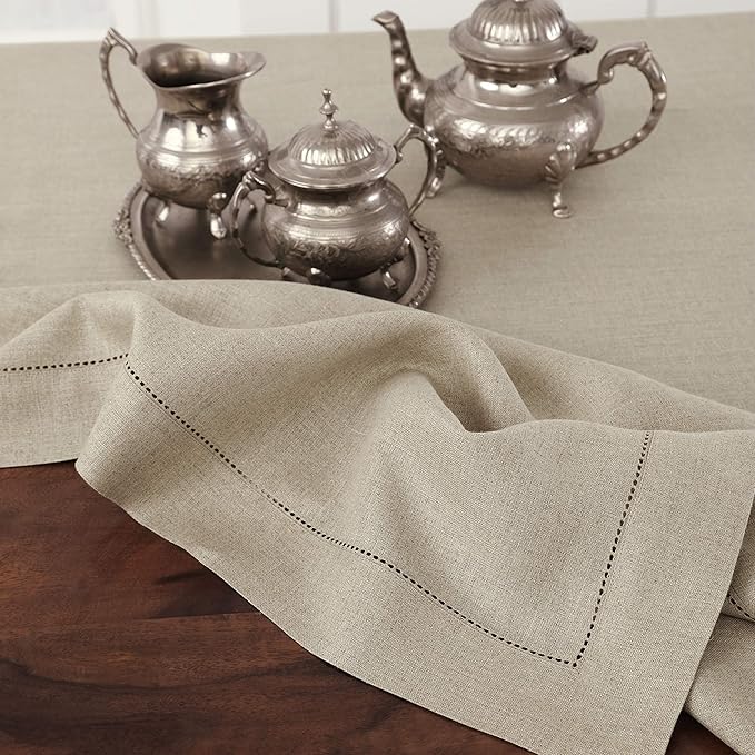 Solino Home Natural Linen Tablecloth 60 x 120 Inch - 100% Pure Linen Hemstitch Table Cloth for Rectangle Tables - Classic Hemstitch, Machine Washable Tablecloth for Spring, Easter