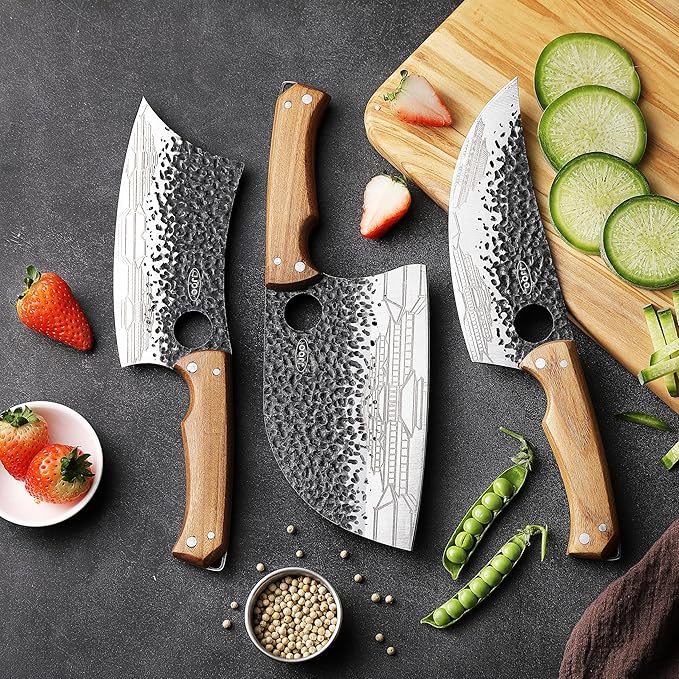 JJOO 3PCS Butcher Knife, Stainless Steel Butcher Knife Set with Wooden Handle, 7" Butcher Meat Cleaver, 7" Serbian Chef Knife and 6.5" Viking Knife, Indoor & Outdoor Use (Stylish Pattern)