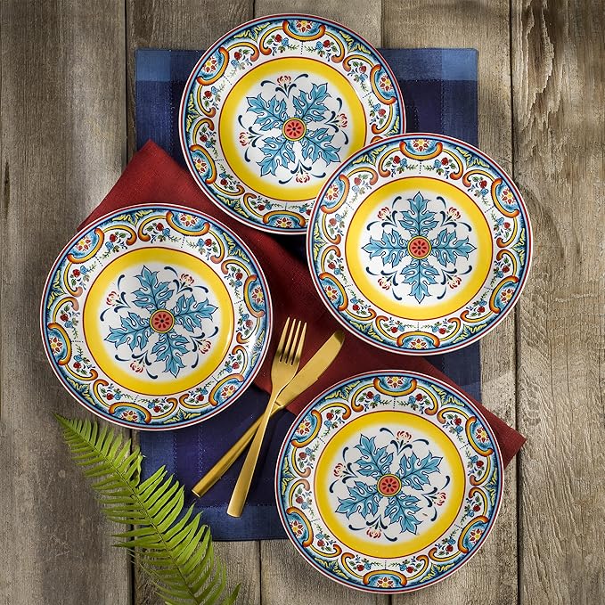 Euro Ceramica Zanzibar Double Bowl 16-Piece Dinnerware Set | Fine Kitchenware | Floral Multicolor Design Stoneware Tableware Service For 4