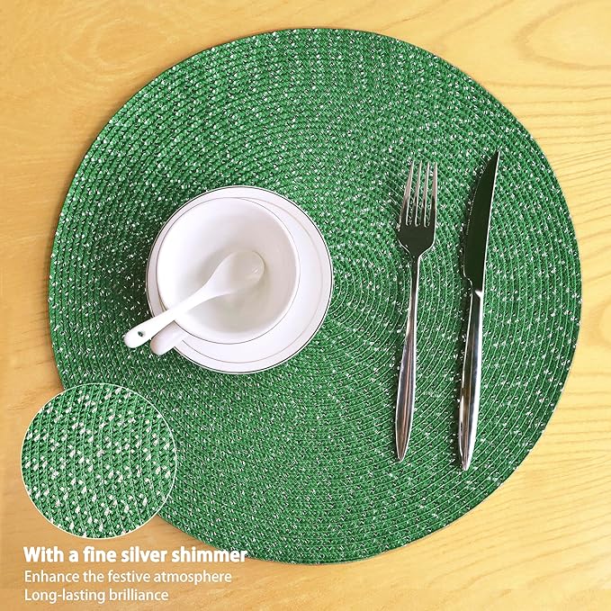 Youyi Better Lifes 15 inch Round Braided Placemats Set of 8 Washable Durable Woven Placemats Non-Slip Green Table Mats for Dining Tables Home Decor