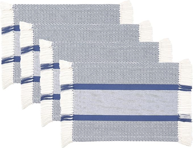 Sticky Toffee Cotton Placemats Set of 4 ??Blue Woven 14x19 in Table Mats for Kitchen or Dining Table, Boho Style, Washable Cloth Placemats