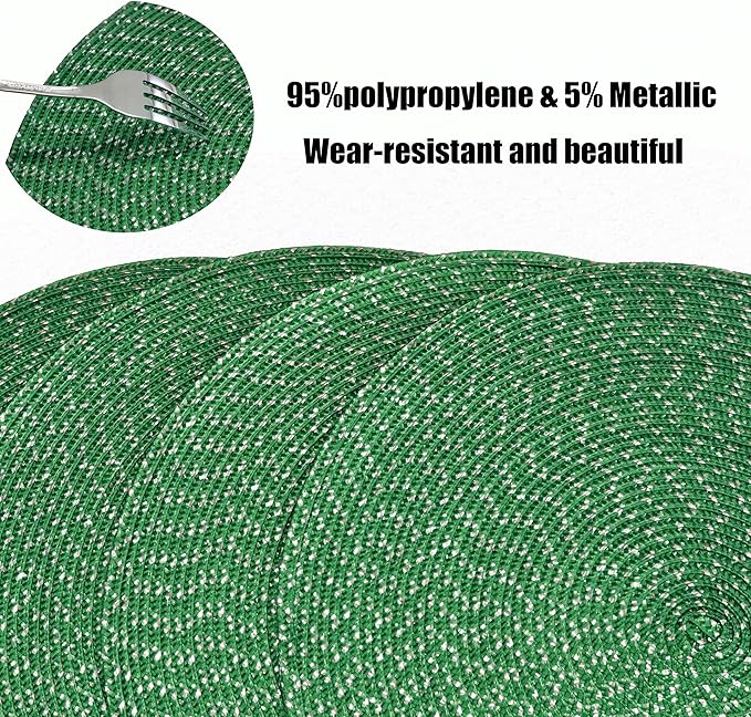 Youyi Better Lifes 15 inch Round Braided Placemats Set of 8 Washable Durable Woven Placemats Non-Slip Green Table Mats for Dining Tables Home Decor