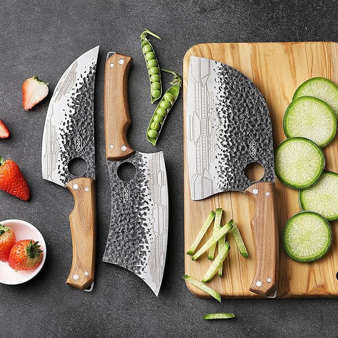 JJOO 3PCS Butcher Knife, Stainless Steel Butcher Knife Set with Wooden Handle, 7" Butcher Meat Cleaver, 7" Serbian Chef Knife and 6.5" Viking Knife, Indoor & Outdoor Use (Stylish Pattern)