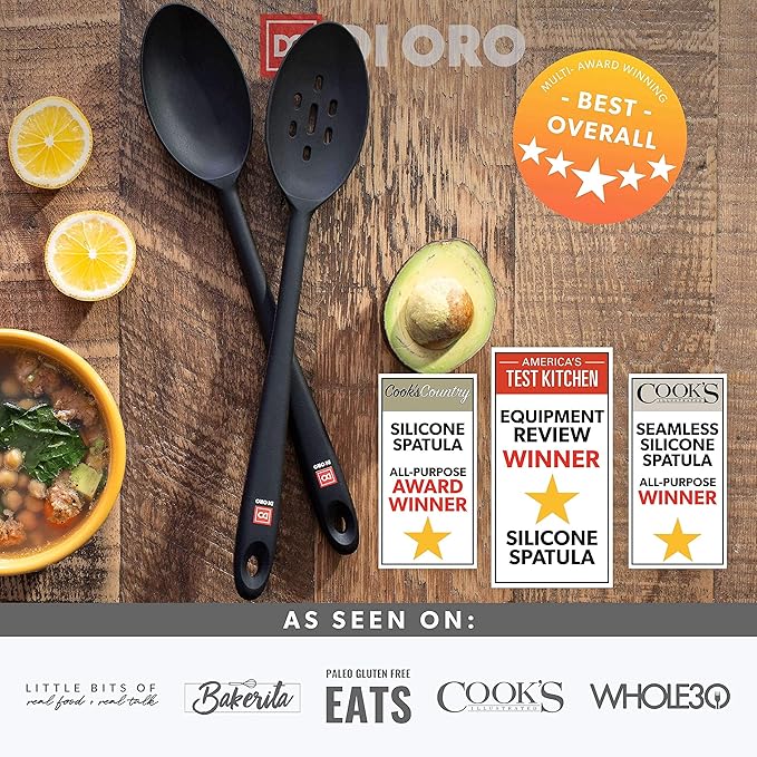 DI ORO Cooking Spoon - Solid Silicone 600F High Heat Nonstick Cookware Safe - Kitchen Spoon for Cooking & Baking - Large Serving & Mixing Utensil - Dishwasher Safe (Black)
