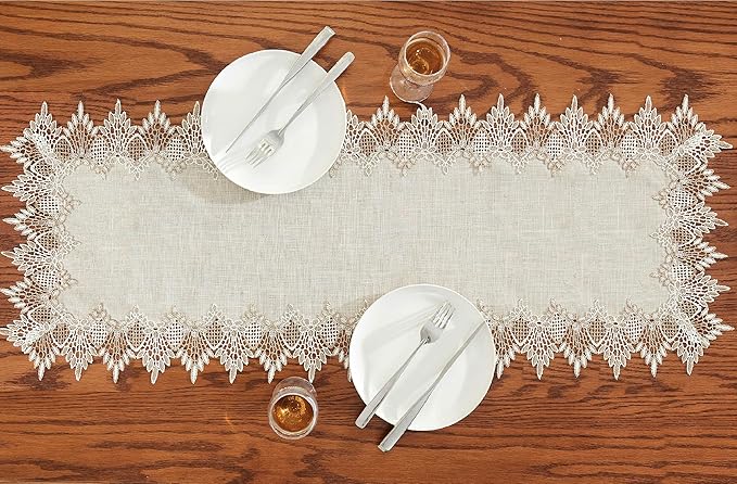 Raedan Natural Linen Table Runner 48 inches Neutral Earth Tones Beige Lace Coffee Table Runners Dresser Scarf for Spring Easter Summer Kitchen Wedding Party, Machine Washable (Natural, 16?쓝48??