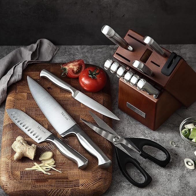 McCook짰 Knife Sets, German Stainless Steel Kitchen Knife Block Sets with Built-in Sharpener