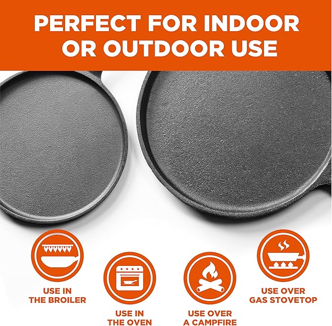 Commercial CHEF Round Cast Iron Griddle Pan 3-Piece Set ??8-inch, 10-inch, and 12-inch - Pre-seasoned Griddle Cast Iron Cookware
