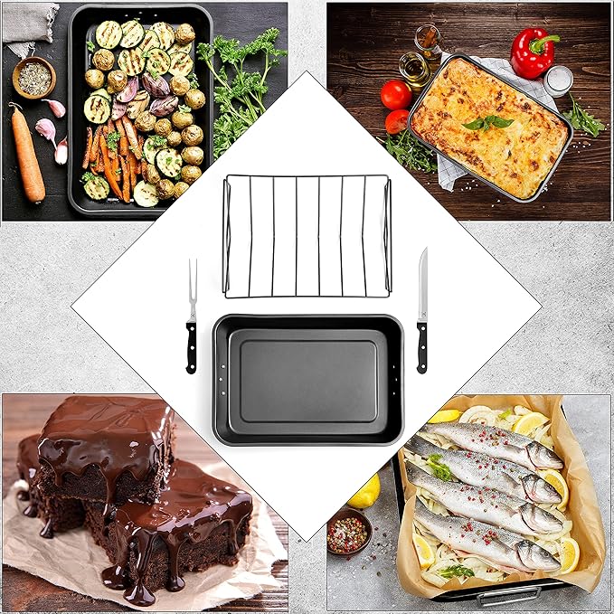 Moss & Stone Carbon Steel Roaster Pan With ?쏺??Shape Removable Roasting Rack Set, 16.5 Inch Rectangular Nonstick Roasting Pan, Turkey Roaster Pan Rack With Carving Fork & Chef Knife