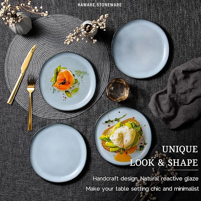 HaWare Stoneware Salad Plates Set of 6, 7.9??Heavy Duty Ceramic Plates, Reactive Glaze Dinnerware for Home Restaurant, Chip and Scratch Resistant, Microwave and Dishwasher Safe, Reactive Foggy Blue